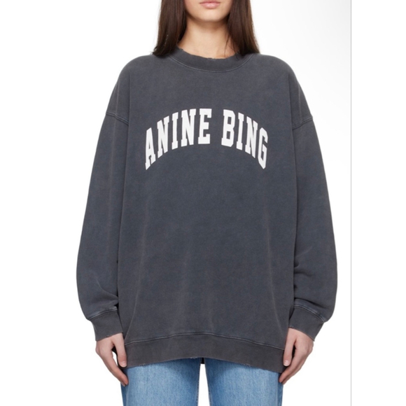ANINE BING Tyler Varsity Oversized Sweatshirt in Washed Black, Cotton, Size XL - Picture 2 of 11